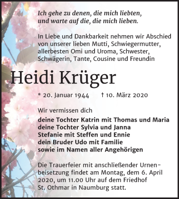 Traueranzeige von Heidi Krüger von Mitteldeutsche Zeitung Naumburg/Nebra