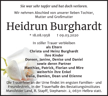 Traueranzeige von Heidrun Burghardt von Mitteldeutsche Zeitung Mansfelder Land