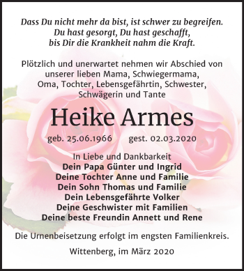 Traueranzeige von Heike Armes von Super Sonntag Wittenberg