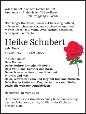Traueranzeige von Heike Schubert von Mitteldeutsche Zeitung Zeitz
