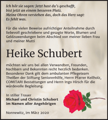 Traueranzeige von Heike Schubert von Super Sonntag Zeitz