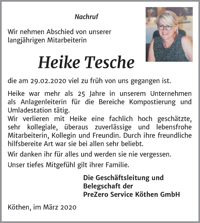  Traueranzeige für Heike Tesche vom 21.03.2020 aus Super Sonntag Köthen