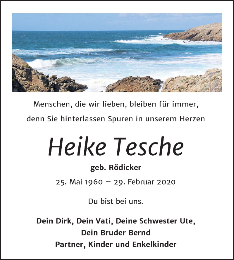  Traueranzeige für Heike Tesche vom 11.03.2020 aus Mitteldeutsche Zeitung Köthen