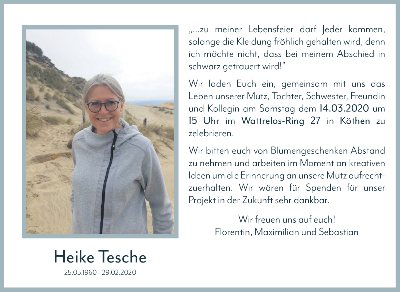  Traueranzeige für Heike Tesche vom 06.03.2020 aus Mitteldeutsche Zeitung Köthen