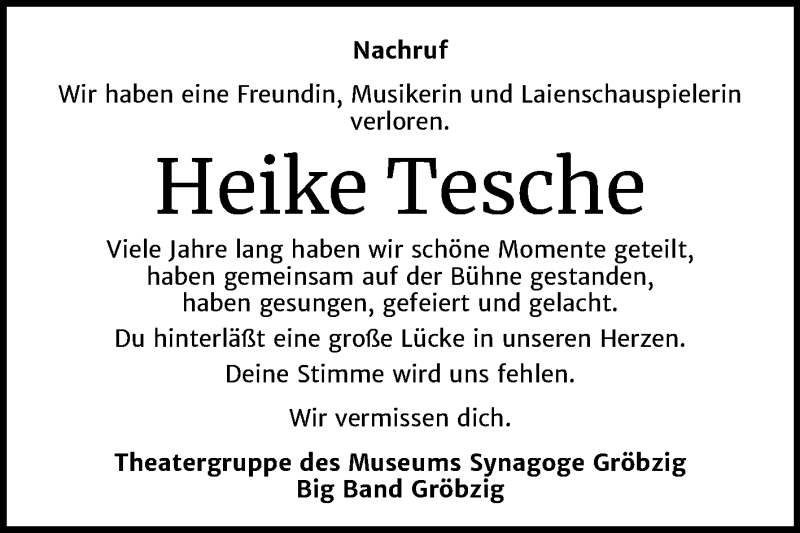  Traueranzeige für Heike Tesche vom 21.03.2020 aus Super Sonntag Köthen