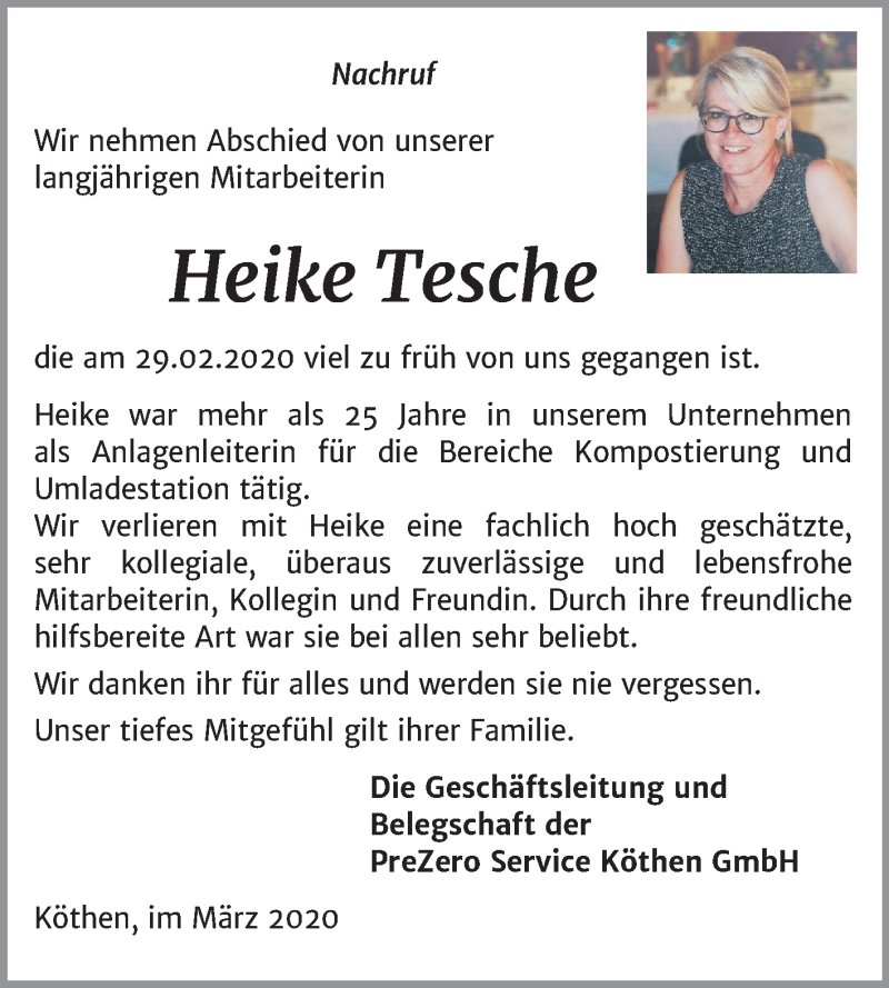  Traueranzeige für Heike Tesche vom 21.03.2020 aus Mitteldeutsche Zeitung Köthen