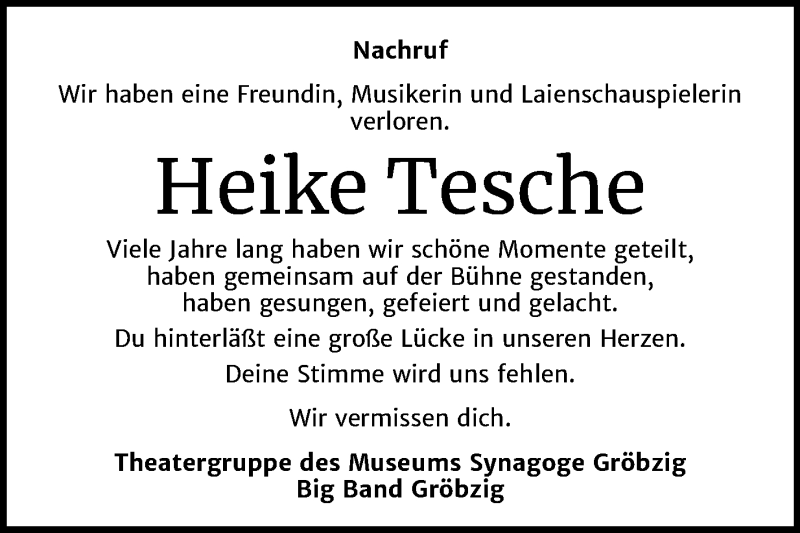  Traueranzeige für Heike Tesche vom 14.03.2020 aus Mitteldeutsche Zeitung Köthen