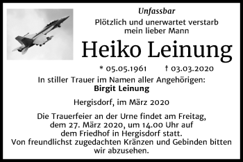 Traueranzeige von Heiko Leinung von Wochenspiegel Mansfelder Land