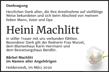Traueranzeige von Heini Machlitt von Mitteldeutsche Zeitung Sangerhausen