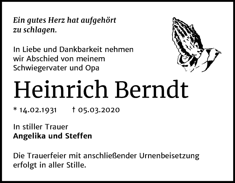  Traueranzeige für Heinrich Berndt vom 11.03.2020 aus Wochenspiegel Bitterfeld