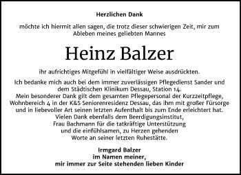 Traueranzeige von Heinz Balzer von Mitteldeutsche Zeitung Dessau-Roßlau