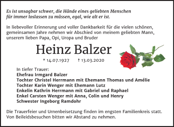 Traueranzeige von Heinz Balzer von Super Sonntag Dessau-Roßlau