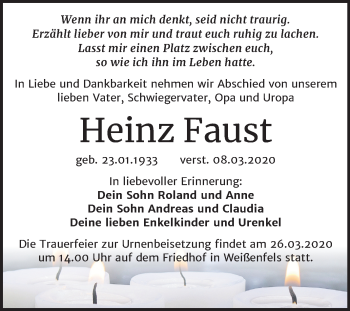 Traueranzeige von Heinz Faust von Wochenspiegel Weißenfels