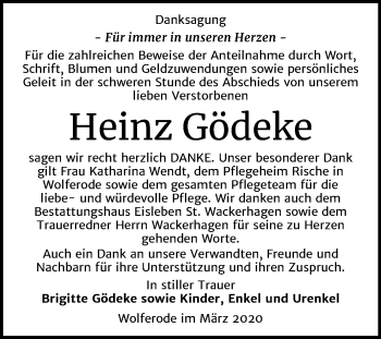 Traueranzeige von Heinz Gödeke von Super Sonntag Mansfelder Land