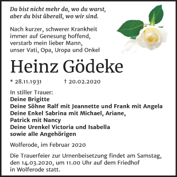 Traueranzeige von Heinz Gödeke von Wochenspiegel Mansfelder Land
