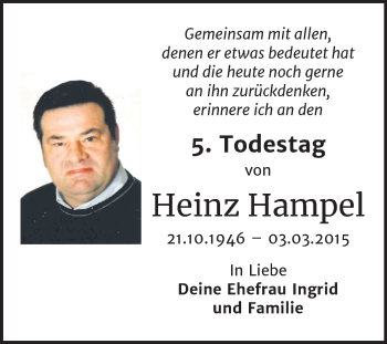 Traueranzeige von Heinz Hampel von Wochenspiegel Bitterfeld