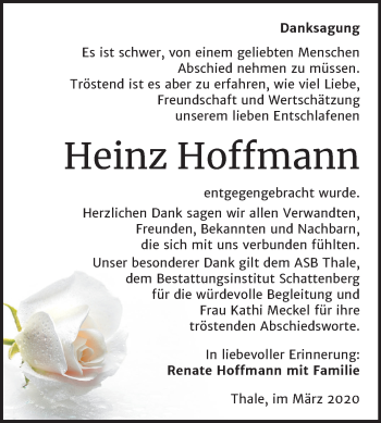 Traueranzeige von Heinz Hoffmann von Mitteldeutsche Zeitung Quedlinburg