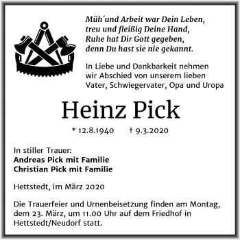 Traueranzeige von Heinz Pick von Super Sonntag Mansfelder Land