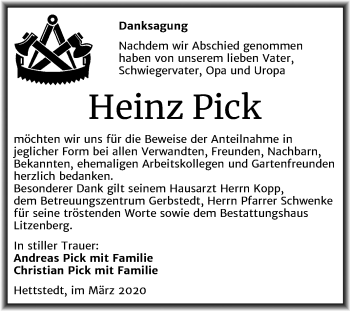 Traueranzeige von Heinz Pick von Super Sonntag Mansfelder Land