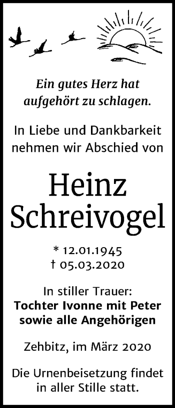Traueranzeige von Heinz Schreivogel von Mitteldeutsche Zeitung Köthen