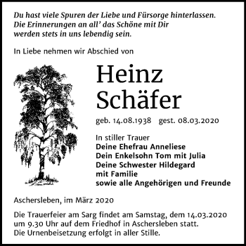 Traueranzeige von Heinz Schäfer von Mitteldeutsche Zeitung Aschersleben