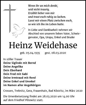 Traueranzeige von Heinz Weidehase von Mitteldeutsche Zeitung Zeitz