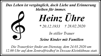 Traueranzeige von Heinz Ühre von Super Sonntag Dessau-Roßlau