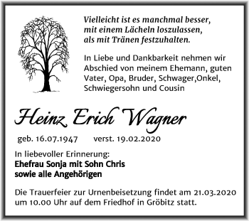 Traueranzeige von Heinz Erich Wagner von Mitteldeutsche Zeitung Weißenfels