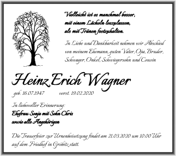 Traueranzeige von Heinz Erich Wagner von Wochenspiegel Weißenfels