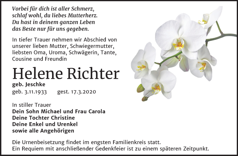  Traueranzeige für Helene Richter vom 24.03.2020 aus Mitteldeutsche Zeitung Köthen