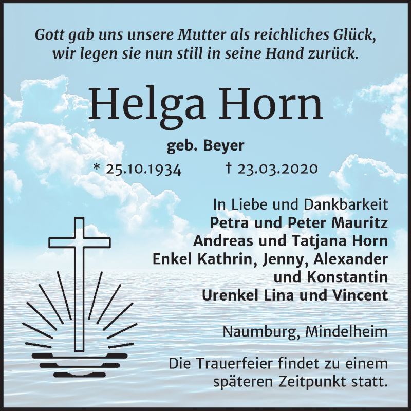  Traueranzeige für Helga Horn vom 28.03.2020 aus Mitteldeutsche Zeitung Naumburg/Nebra