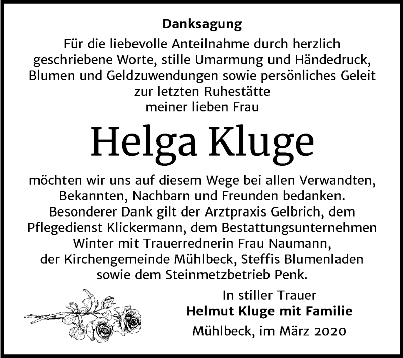  Traueranzeige für Helga Kluge vom 14.03.2020 aus Mitteldeutsche Zeitung Bitterfeld