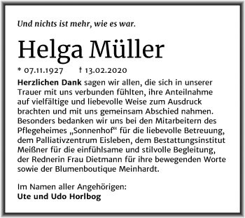 Traueranzeige von Helga Müller von Mitteldeutsche Zeitung Sangerhausen