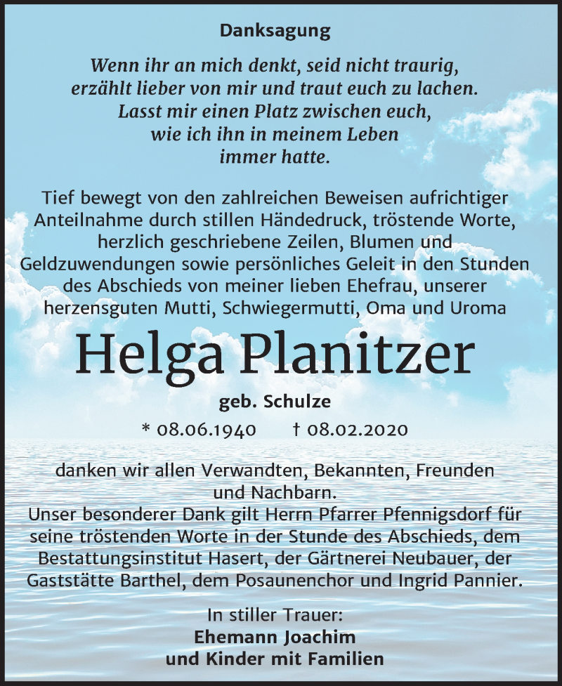  Traueranzeige für Helga Planitzer vom 07.03.2020 aus Super Sonntag Wittenberg