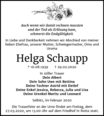 Traueranzeige von Helga Schaupp von Super Sonntag Wittenberg