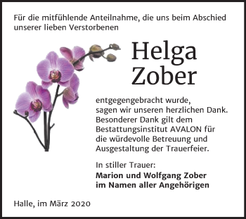 Traueranzeige von Helga Zober von Mitteldeutsche Zeitung Halle/Saalkreis