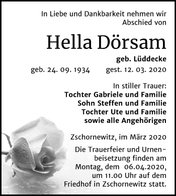 Traueranzeige von Hella Dörsam von Super Sonntag Wittenberg