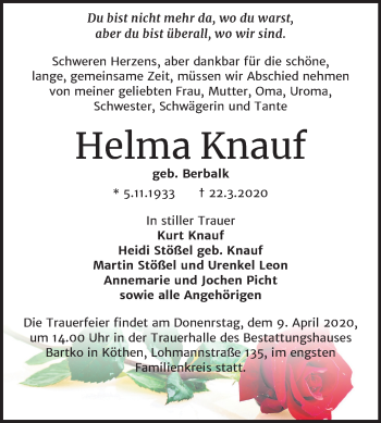Traueranzeige von Helma Knauf von Super Sonntag Köthen