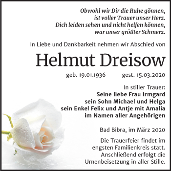 Traueranzeige von Helmut Dreisow von Mitteldeutsche Zeitung Sangerhausen / Naumburg/Nebra
