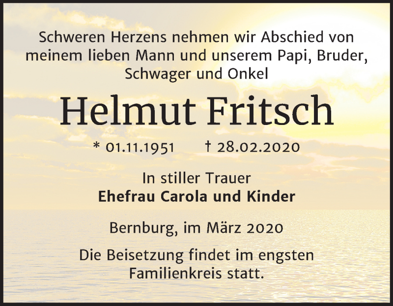  Traueranzeige für Helmut Fritsch vom 07.03.2020 aus Super Sonntag Bernburg