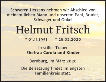 Traueranzeige von Helmut Fritsch von Super Sonntag Bernburg