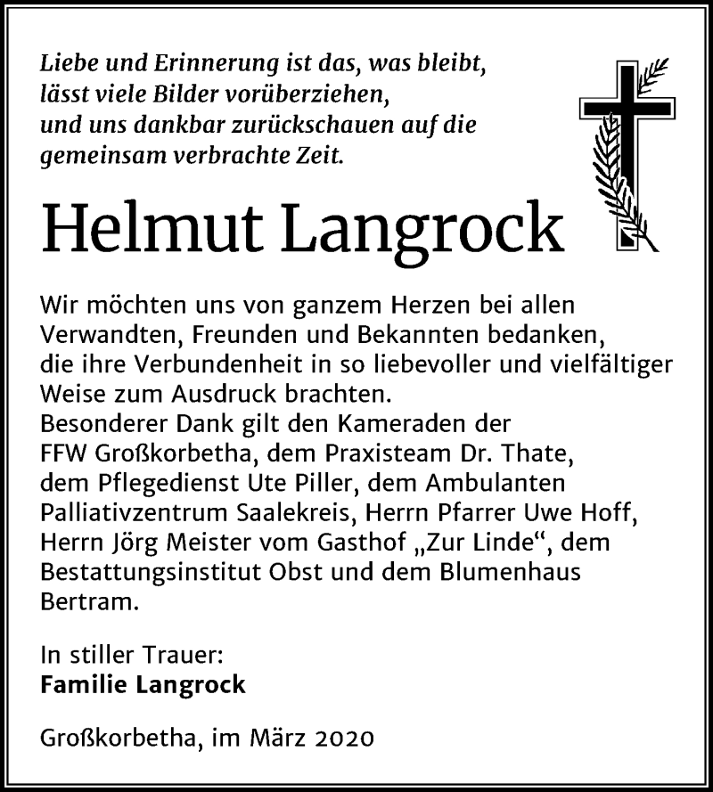  Traueranzeige für Helmut Langrock vom 21.03.2020 aus Super Sonntag Weißenfels