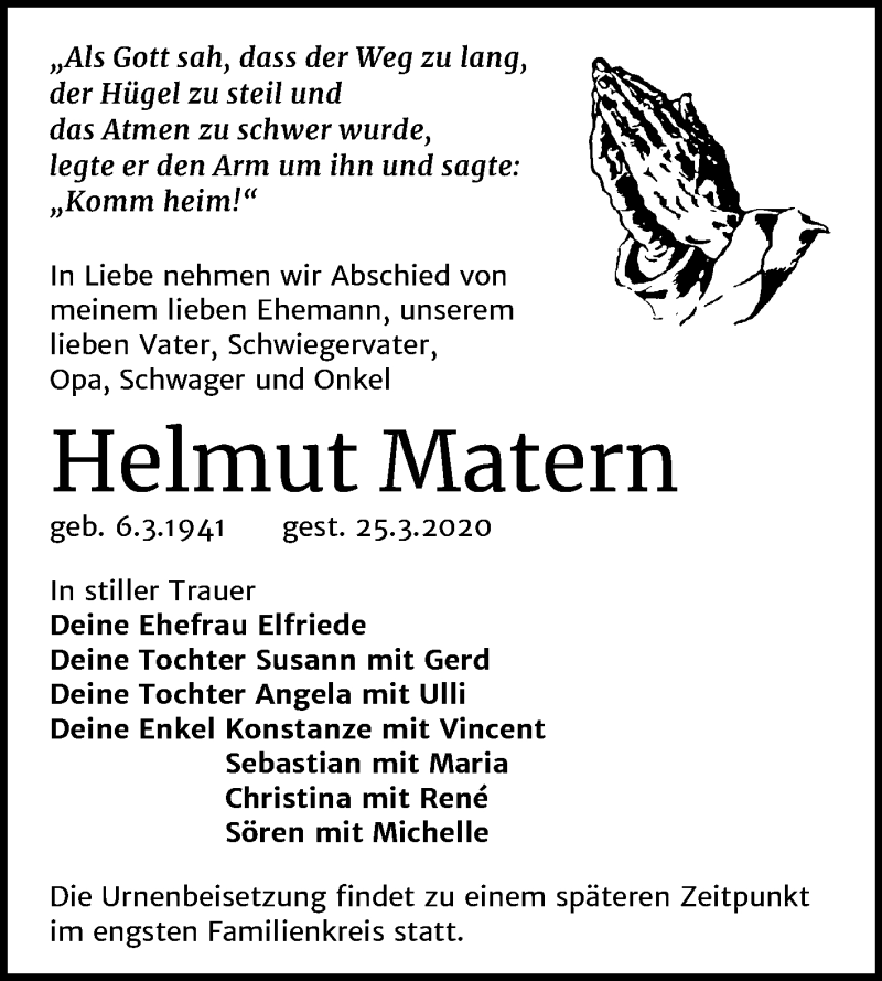  Traueranzeige für Helmut Matern vom 28.03.2020 aus Mitteldeutsche Zeitung Merseburg/Querfurt
