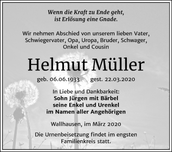 Traueranzeige von Helmut Müller von Mitteldeutsche Zeitung Sangerhausen