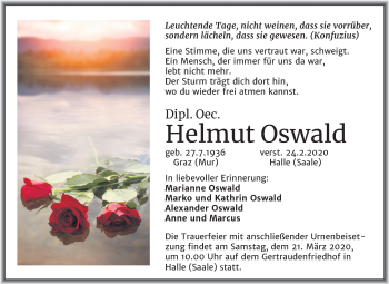 Traueranzeige von Helmut Oswald von Mitteldeutsche Zeitung Halle/Saalkreis