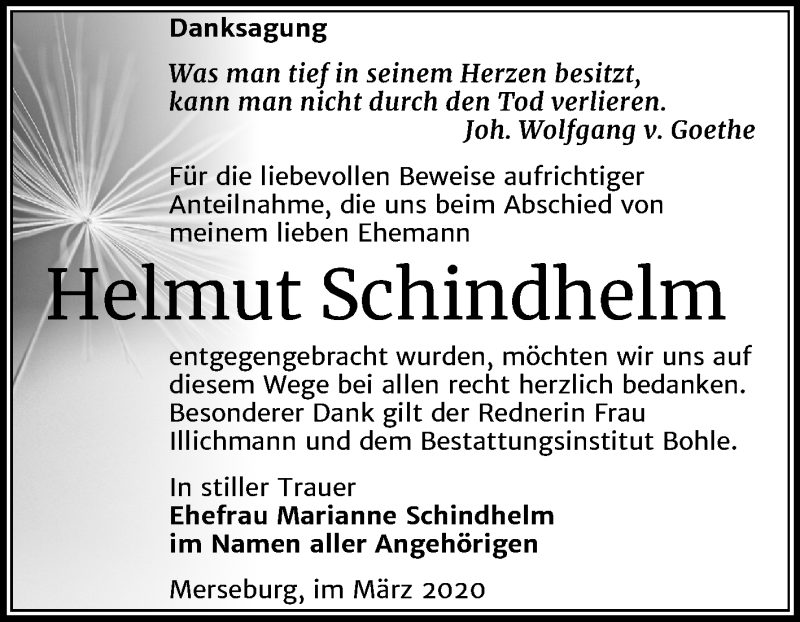  Traueranzeige für Helmut Schindhelm vom 28.03.2020 aus Mitteldeutsche Zeitung Merseburg/Querfurt