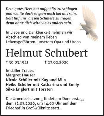 Traueranzeige von Helmut Schubert von Mitteldeutsche Zeitung Köthen