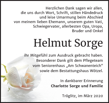 Traueranzeige von Helmut Sorge von Mitteldeutsche Zeitung Zeitz