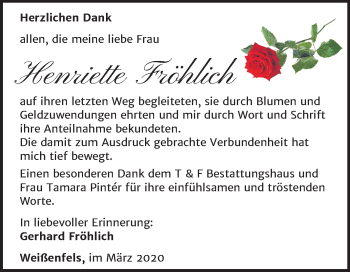 Traueranzeige von Henriette Fröhlich von Wochenspiegel Weißenfels