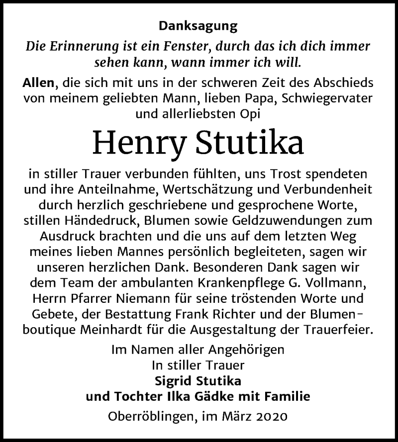  Traueranzeige für Henry Stutika vom 07.03.2020 aus Super Sonntag Sangerhausen